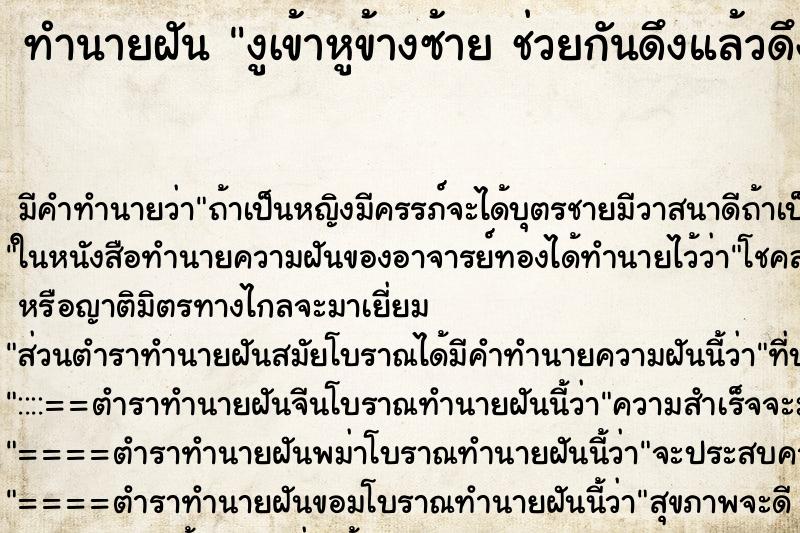 ทำนายฝัน งูเข้าหูข้างซ้าย ช่วยกันดึงแล้วดึงไม่ออก ทำนายฝัน งูเข้าหูข้างซ้าย ช่วยกันดึงแล้วดึงไม่ออก